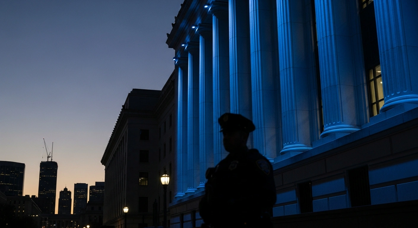 A federal building stands under dim security lighting as law enforcement officials monitor the elevated terrorism threat environment amidst geopolitical tensions.