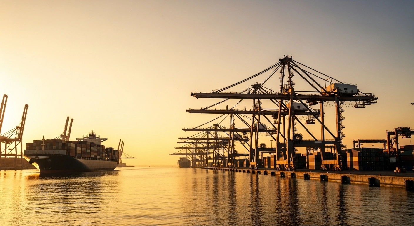 A large cargo ship departs a busy industrial port at sunset, representing the narrowing U.S. trade deficit through increased exports.