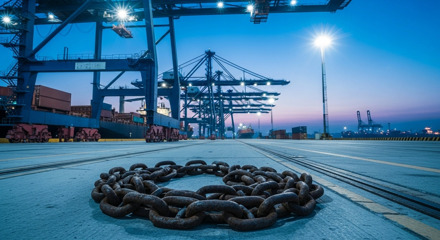 A shipping container terminal at twilight represents the new United States trade tariffs and labor standards enforcement affecting global supply chains.