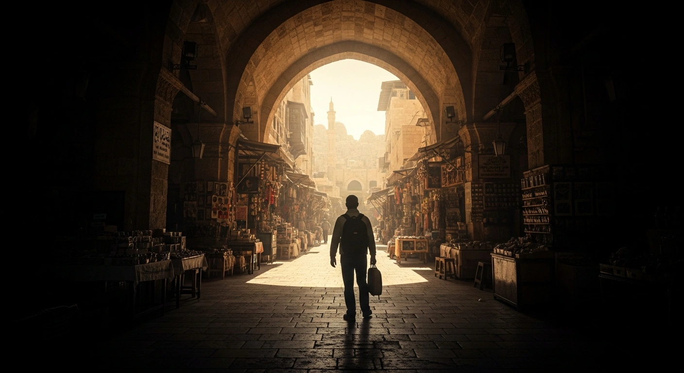 A traveler stands in a busy Middle Eastern marketplace while the U.S. Department of State issues a worldwide caution due to regional security tensions.