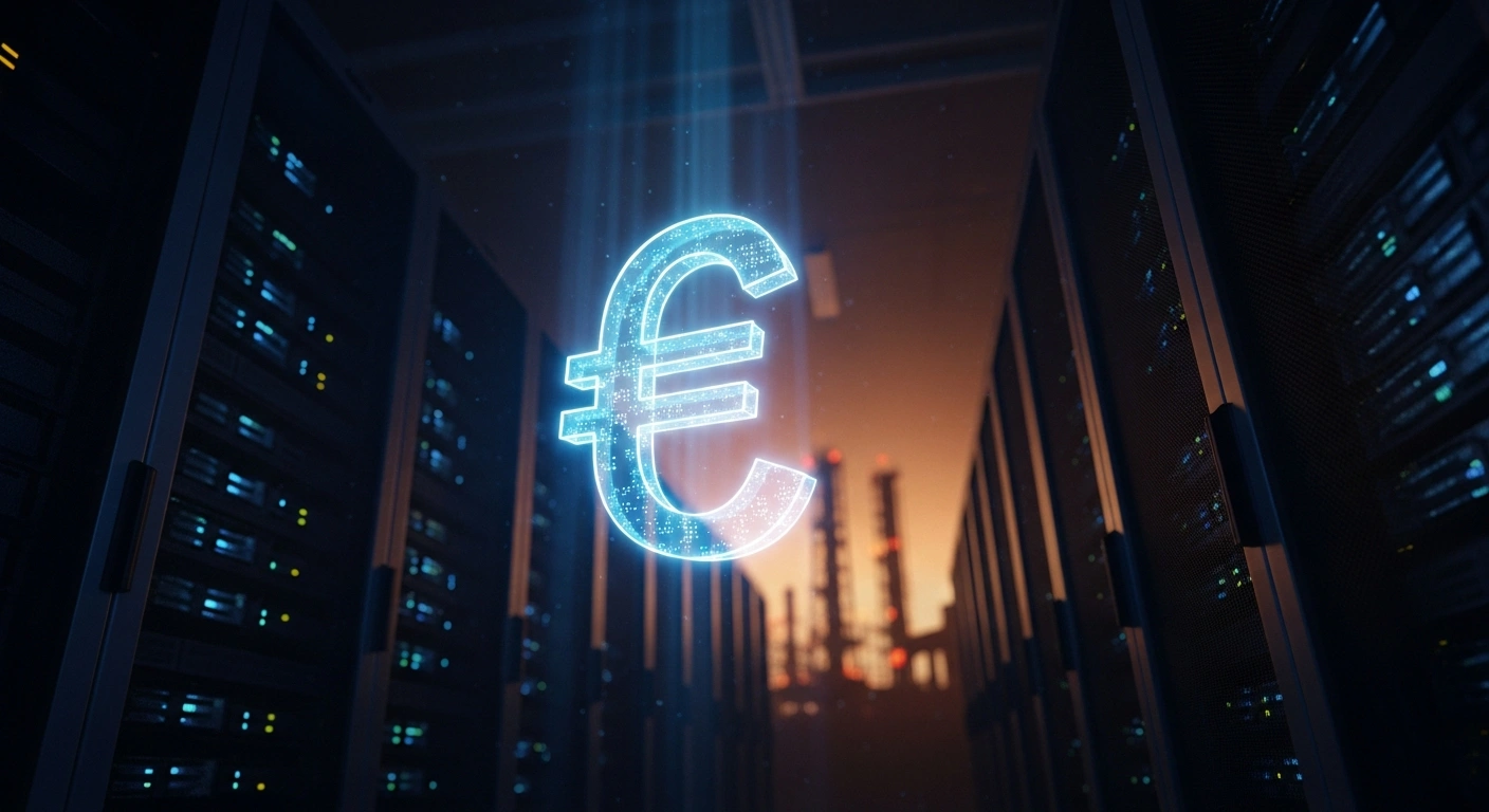 A digital representation of cryptocurrency assets is frozen in a server room to illustrate new U.S. Treasury sanctions against Iran's oil and financial sectors.
