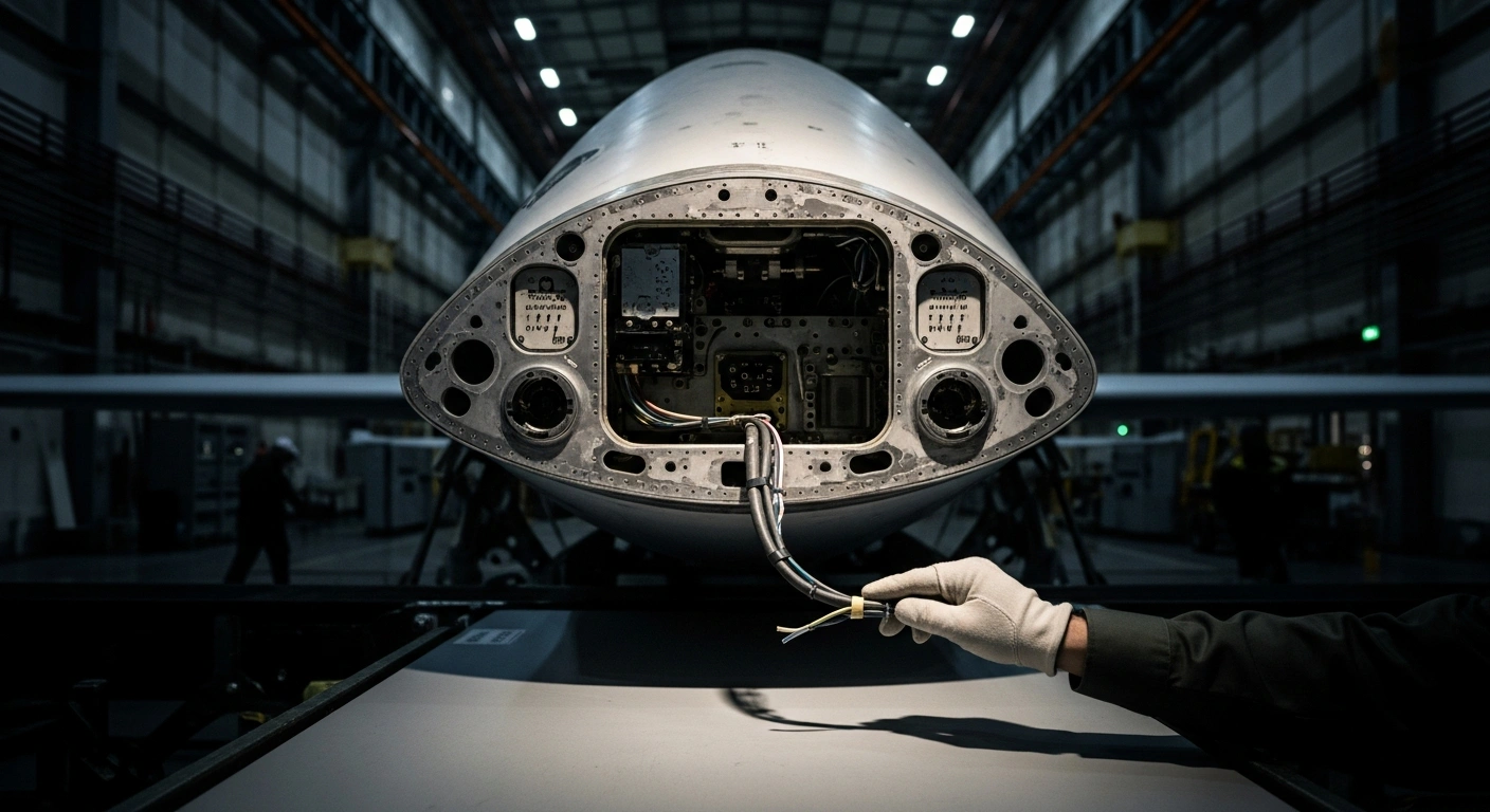 A partially assembled ballistic missile or UAV drone, its metallic components gleaming under harsh industrial lighting, with a gloved hand poised over a critical disconnected wire, symbolizing the disruption of Iran's weapons procurement networks by United States Treasury sanctions.