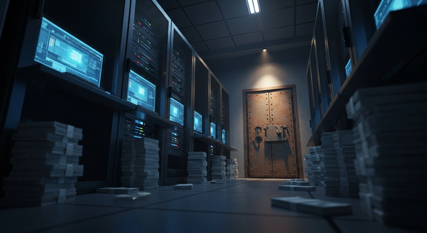 A dark financial vault filled with stacks of money and server equipment represents the U.S. Treasury sanctions against Ali Ansari and Iranian exchange houses.