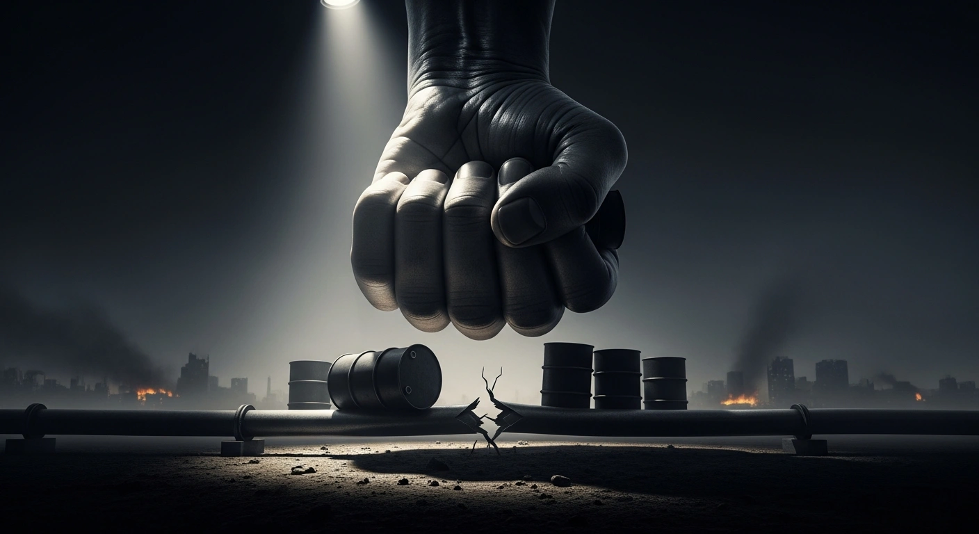 A powerful, authoritative hand casts a shadow over stylized oil barrels and a fractured pipeline, symbolizing the U.S. Department of the Treasury's comprehensive blocking sanctions against Russia's largest oil producers, Rosneft and Lukoil, to diminish Moscow's war-funding capabilities in Ukraine.