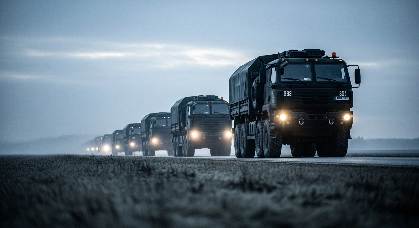 A convoy of United States military vehicles travels across a landscape in Poland to reinforce the NATO eastern flank.