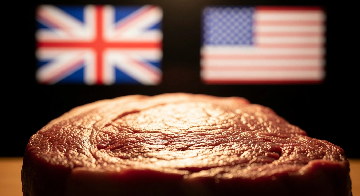 A close-up, low-angle shot of a perfectly marbled prime cut of beef, glistening under warm light, with the subtle, out-of-focus silhouettes of the British and American flags in the background, symbolizing the new US quota allowing for the import of UK beef annually as part of a reciprocal economic agreement.