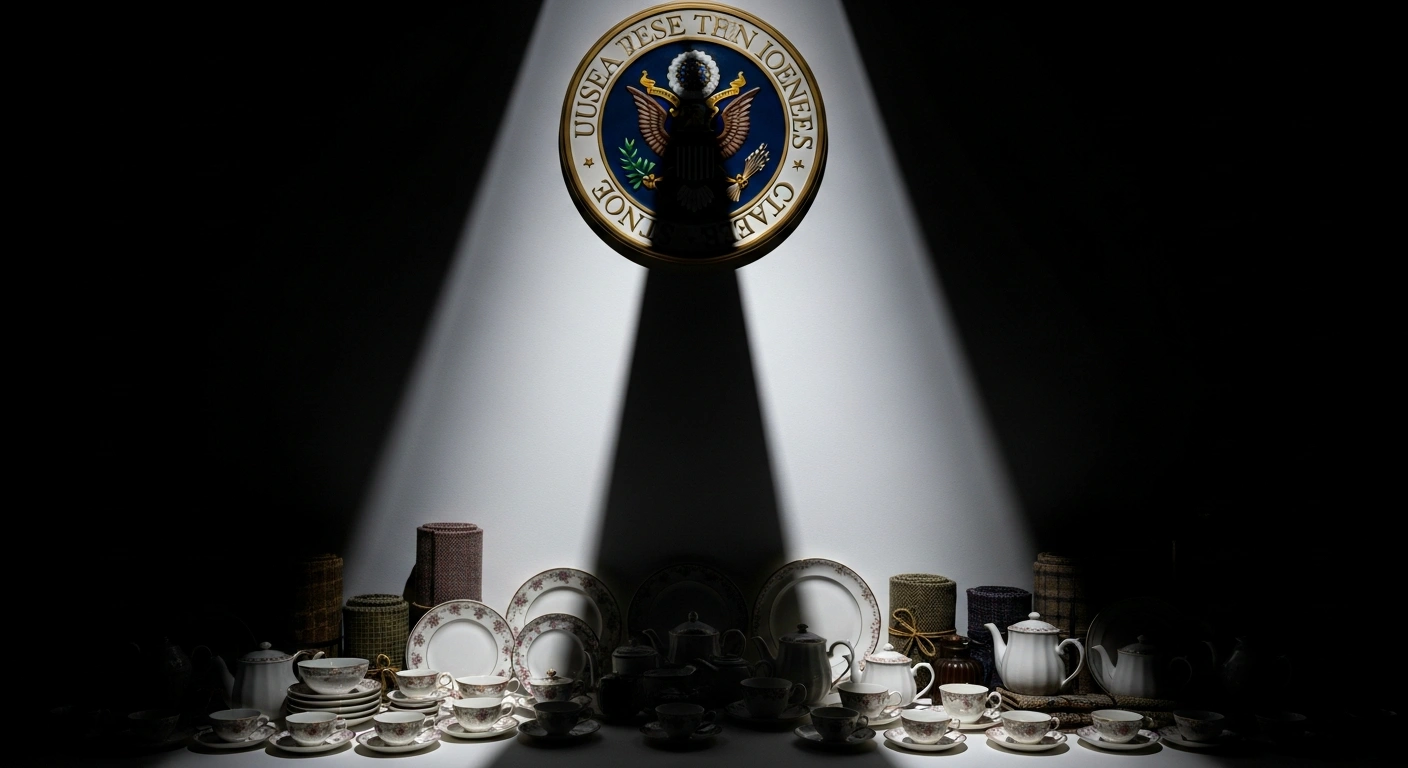 A towering, official-looking seal casts a long, sharp shadow across a meticulously arranged collection of symbolic British goods, illuminated by a single, harsh beam of light, visually representing the new 10% tariff implemented by the United States on goods imported from the United Kingdom and the resulting economic impact.