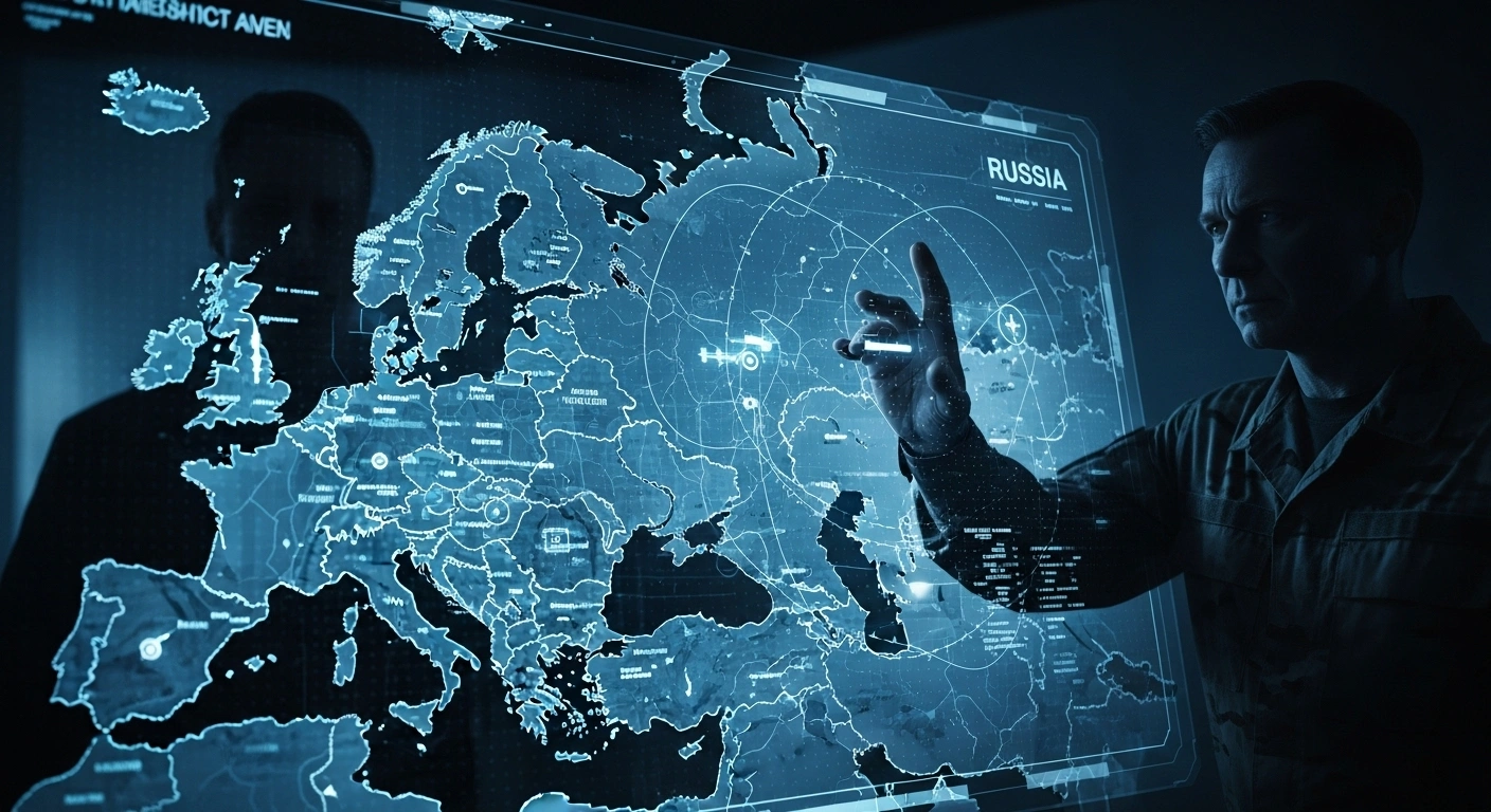 A dimly lit, high-tech command center features a glowing holographic map of Eastern Europe, highlighting Russian energy infrastructure targets, symbolizing the US providing intelligence to Ukraine for long-range missile strikes.