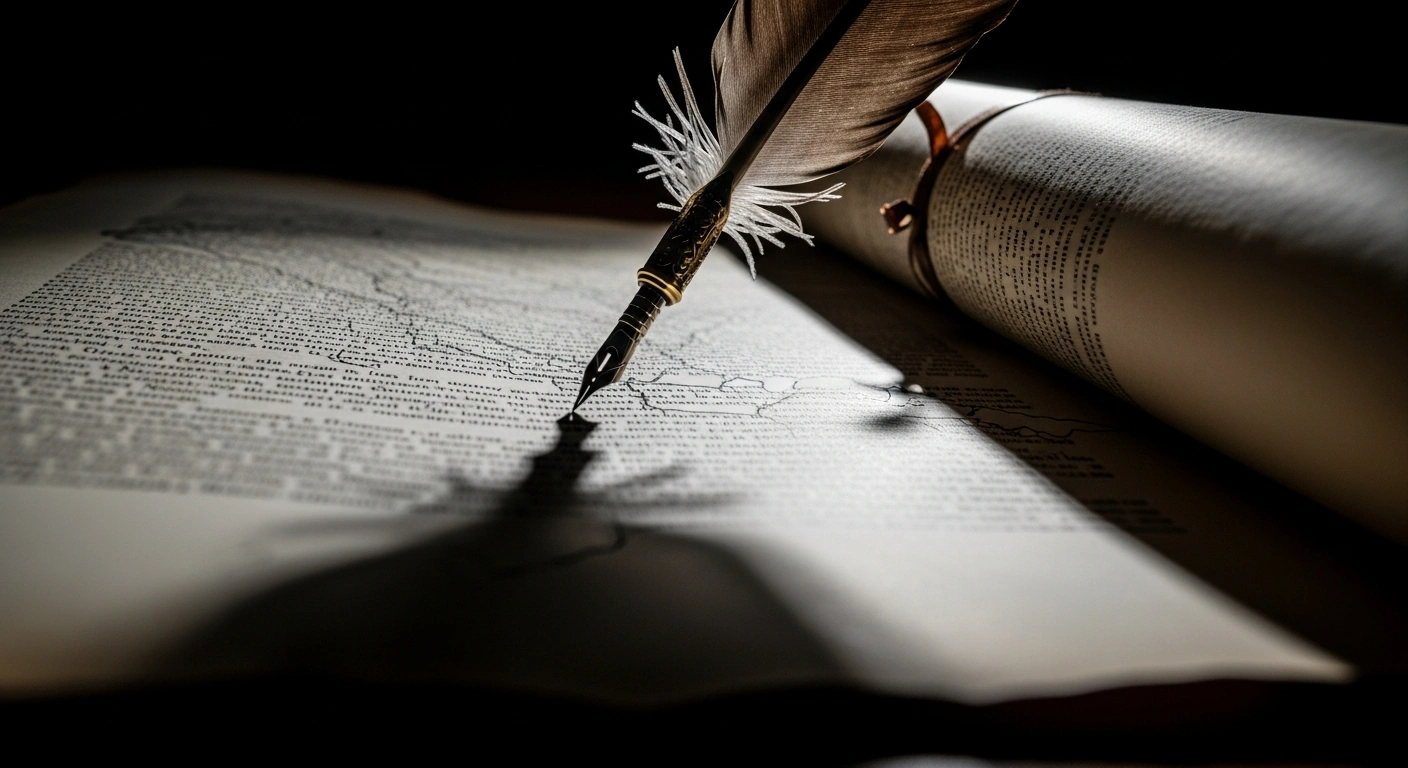 A heavy, ornate quill pen casts a long shadow over an aged parchment document with blurred geopolitical maps, symbolizing the US-drafted peace plan for Ukraine involving territorial concessions and Russian officials.