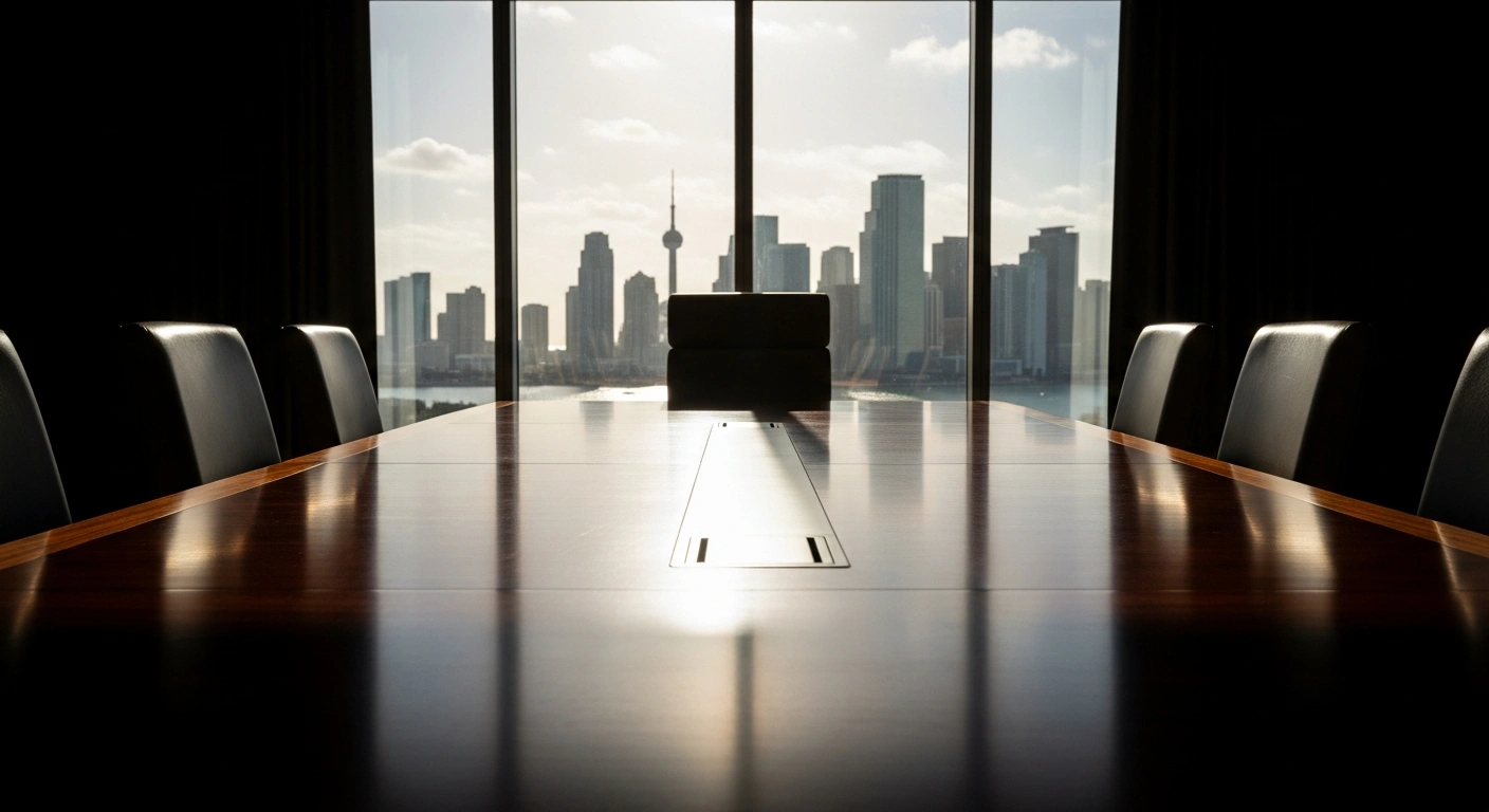 A wide, low-angle shot of a long, polished mahogany conference table, dramatically lit with deep shadows, featuring two distinct empty chairs on opposing sides and a single neutral chair at the head, set against a blurred Miami skyline, symbolizing high-stakes peace negotiations between Ukraine and Russia with a US-imposed June 2026 deadline.