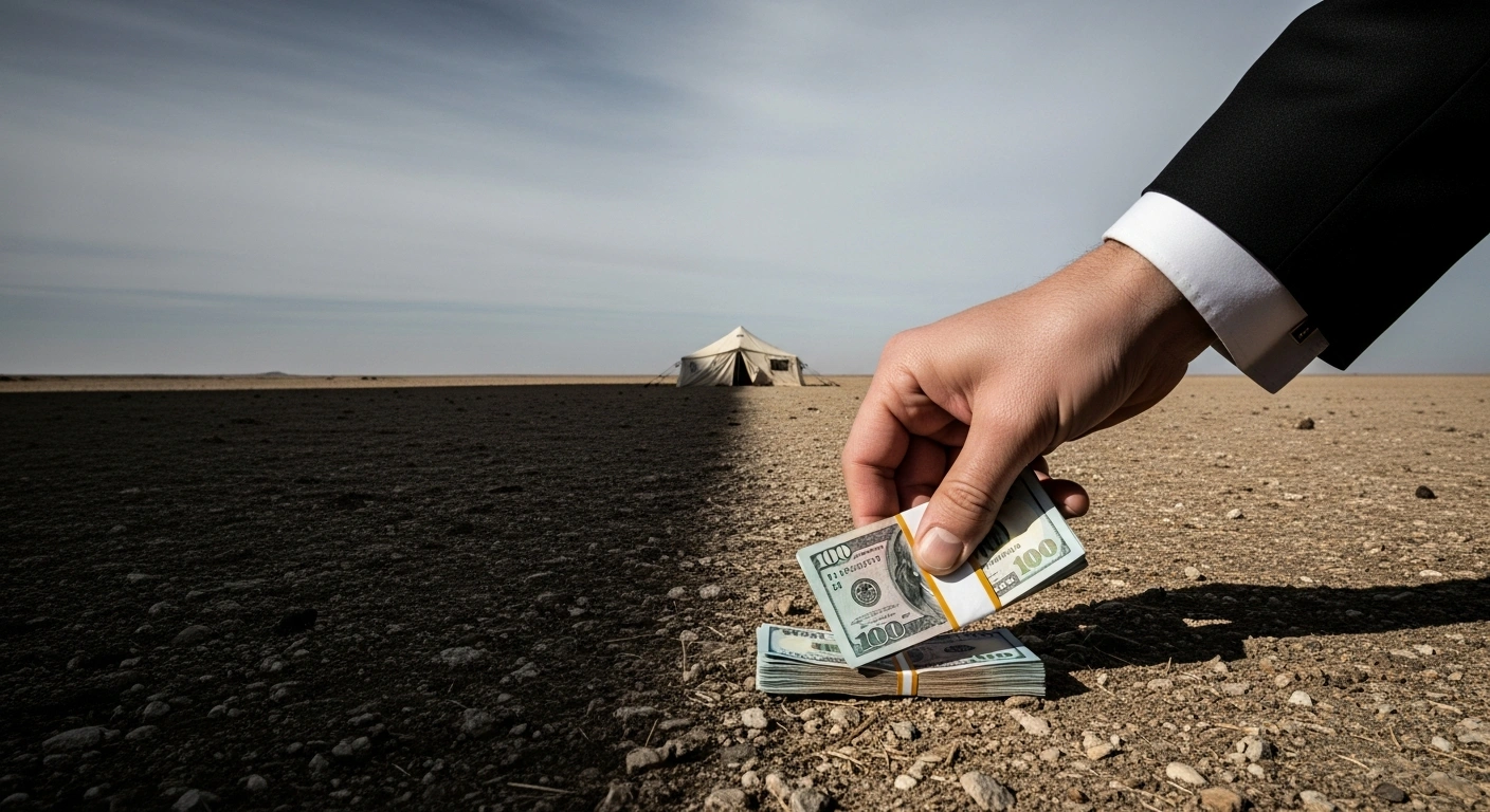 An imposing, suited hand places a small stack of currency onto a desolate landscape, casting shadows that divide the scene near a distant, weathered UN tent, symbolizing the United States' $2 billion pledge for UN humanitarian aid amidst reduced foreign assistance and specific country exclusions.