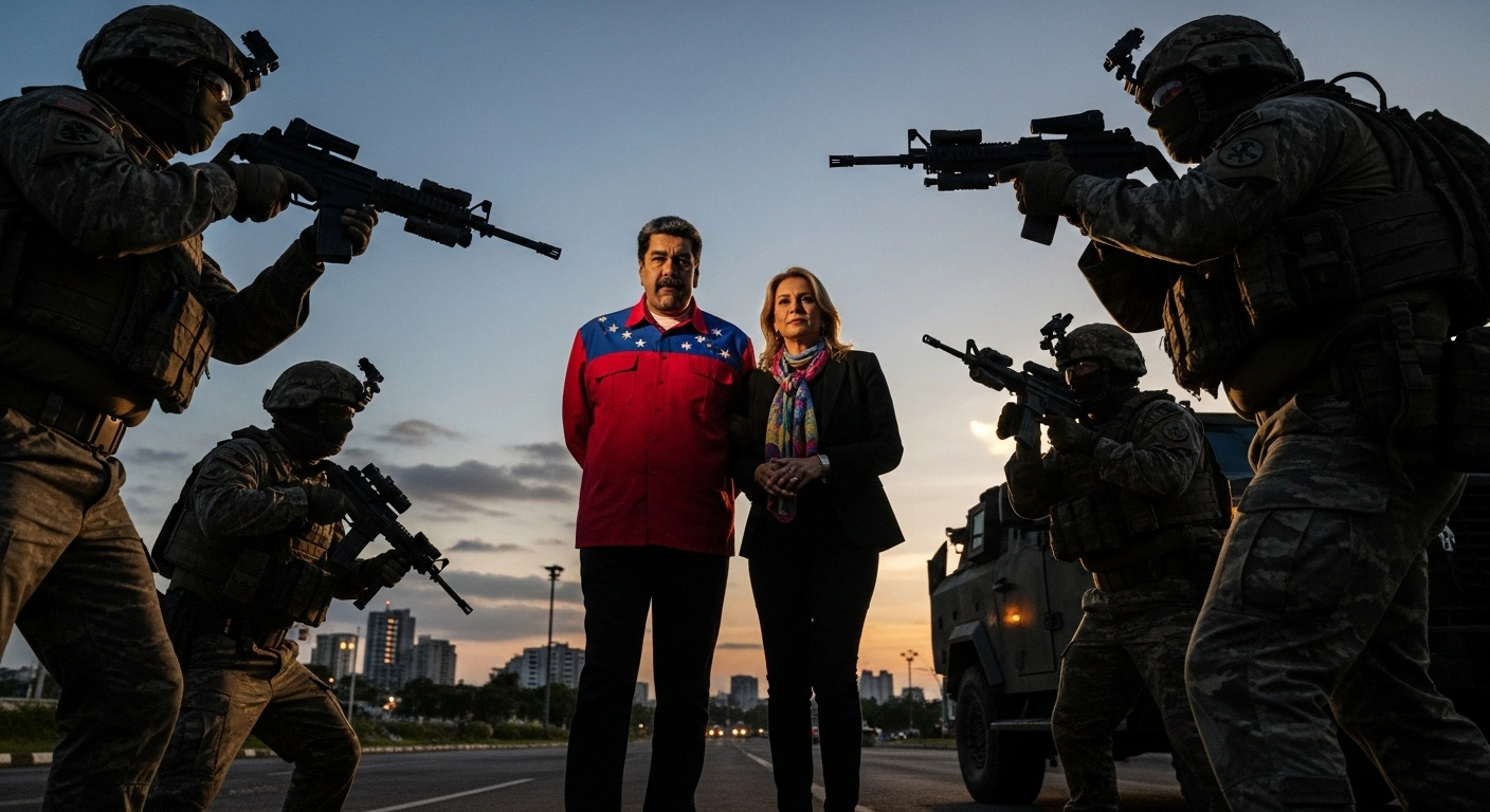 United States special forces capture President Nicolás Maduro and Cilia Flores during a predawn military raid in Venezuela, illuminated by tactical vehicle headlights.
