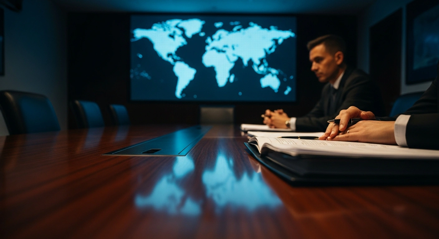 A formal legal investigation into intellectual property rights is represented by professional documents on a table with a digital map of global trade routes in the background.