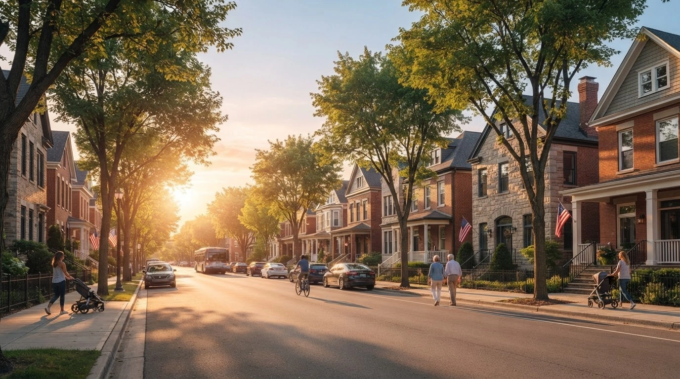 A peaceful American city street at golden hour representing the national decrease in violent crime rates according to 2025 FBI statistics.