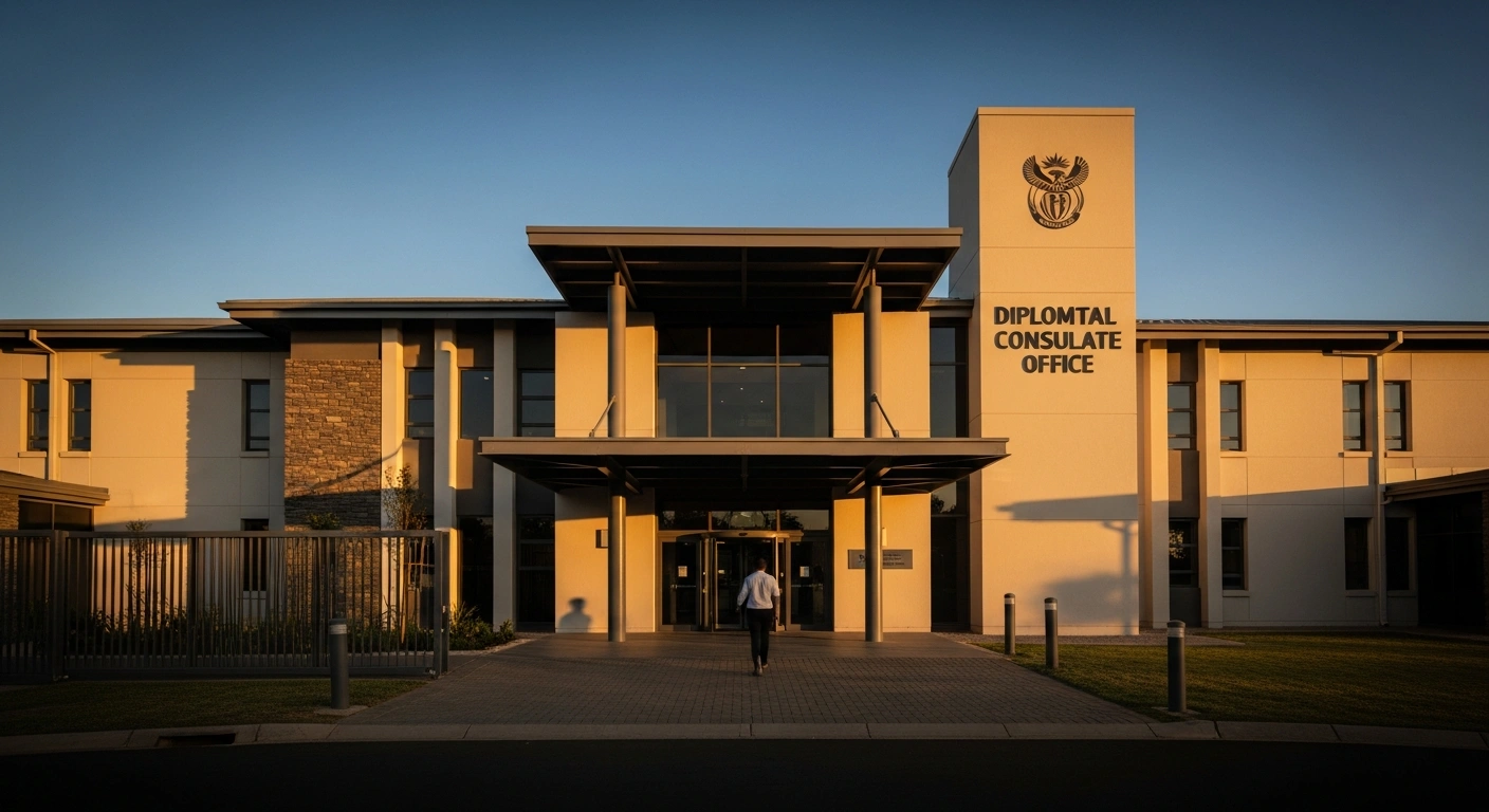 The exterior of a United States consulate building in South Africa during sunset, representing the transition of visa processing services to regional hubs.