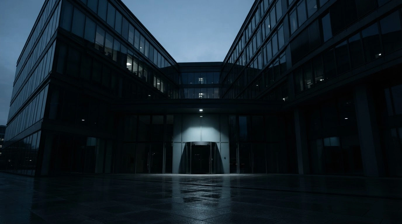 A dark, modern office building stands in the twilight as a symbol of the extended suspension of H-1B and other nonimmigrant visa categories during the COVID-19 pandemic.