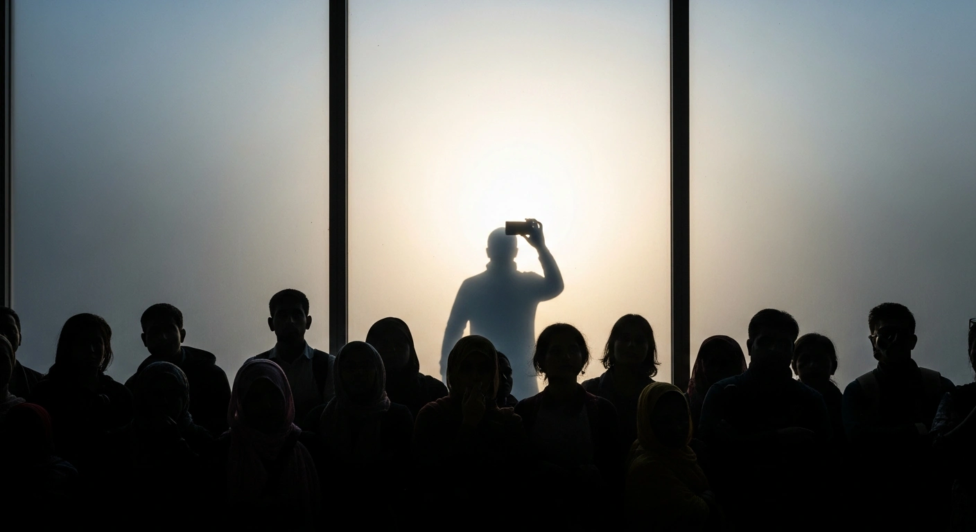A diverse group of individuals stands before a tall, opaque barrier, their faces showing uncertainty, symbolizing the U.S. State Department's indefinite suspension of immigrant visa processing for citizens of 75 countries, targeting those deemed a 'public charge'.