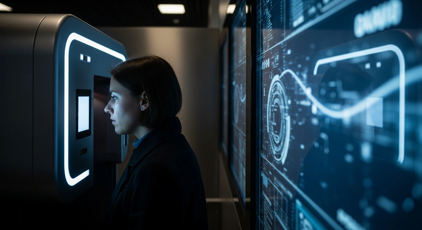 A traveler undergoes a biometric scan at a futuristic, sterile border checkpoint, surrounded by glowing data screens, representing the expanded data collection and new biometric requirements for the United States Visa Waiver Program impacting European nations.
