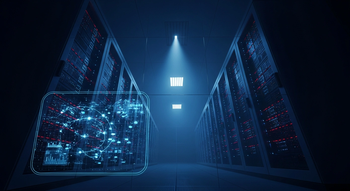 A dark server room with glowing lights represents the cybersecurity concerns surrounding the alleged theft of US voter files.