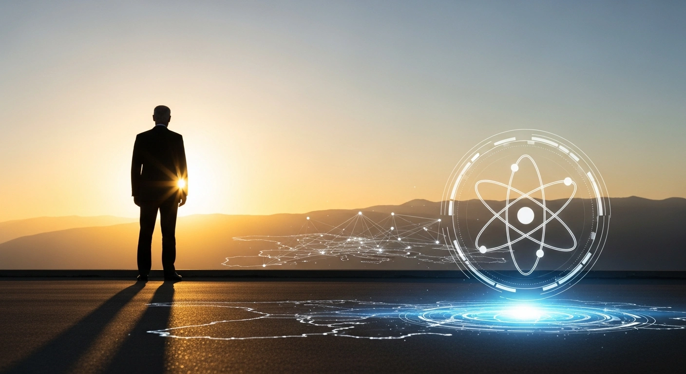 A distinguished figure representing the US Vice President stands against a sun-drenched mountainous horizon of the South Caucasus, with a glowing holographic atomic symbol in the foreground symbolizing nuclear cooperation with Armenia and faint map lines representing strategic partnerships with Azerbaijan.