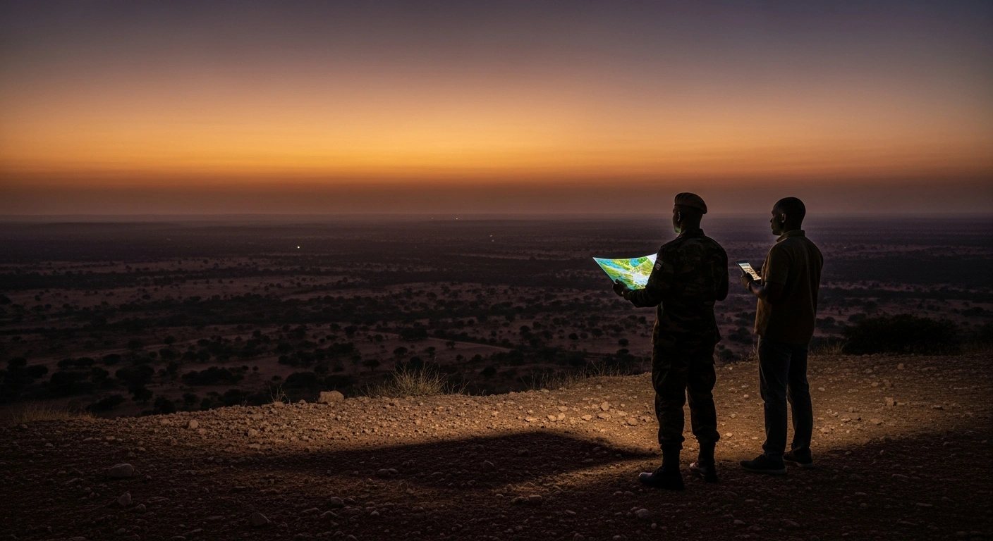 A cinematic wide shot at dusk depicts two figures, one in military uniform and one in civilian attire, standing on a vast, arid West African plain, looking towards a dramatic horizon, symbolizing the United States' $413 million security funding for West African nations to counter regional threats.