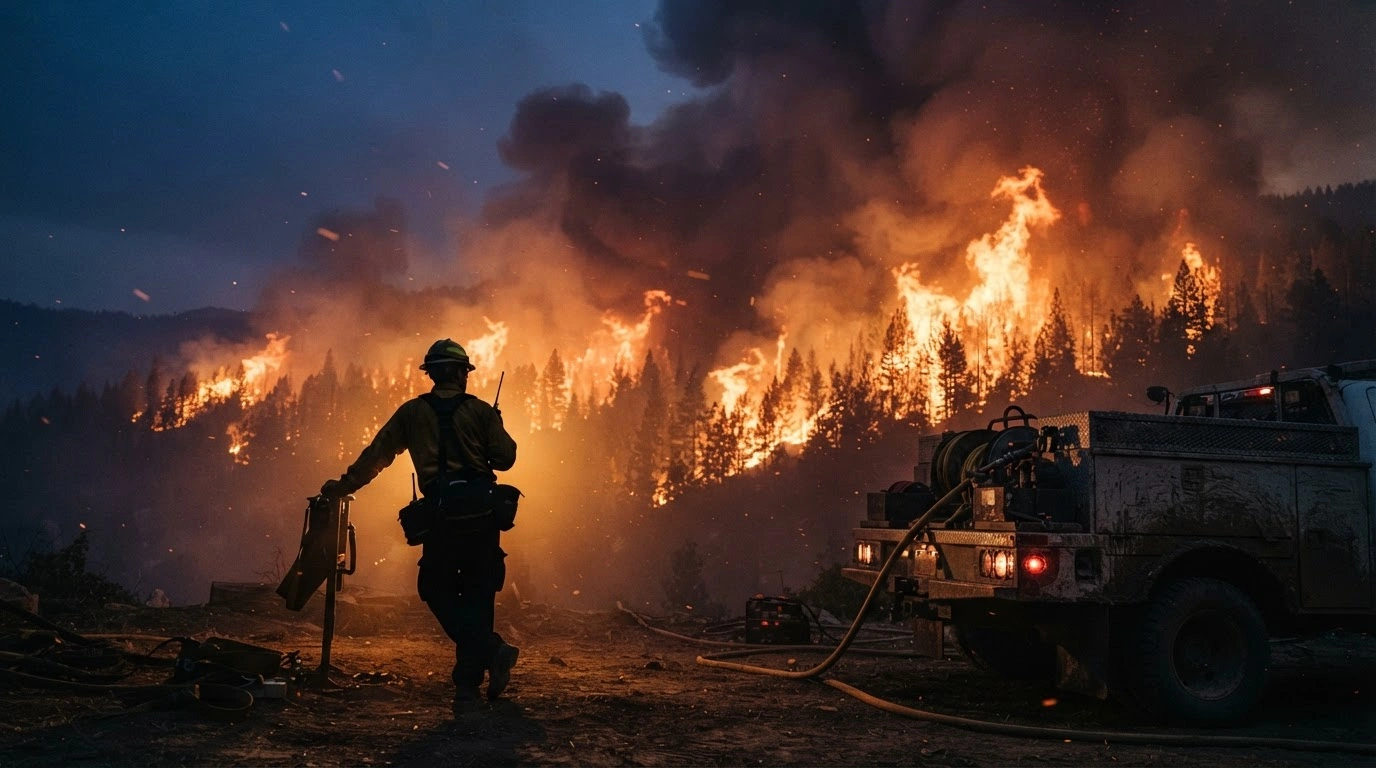 A firefighter stands near a vehicle while observing a massive wildfire burning through a forest in the United States.