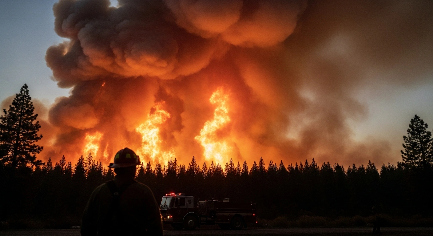 A firefighter stands near an emergency vehicle while watching a large, uncontained wildfire burn through a forest under dry, hot conditions.