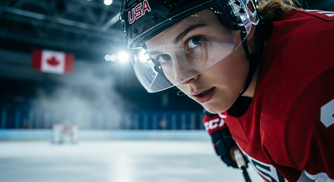 A determined U.S. women's hockey player is captured in a low-angle close-up on an Olympic ice rink, her helmet and stick reflecting arena lights, with a blurred Canadian flag in the background, symbolizing the undefeated U.S. team's anticipation for their upcoming clash against arch-rival Canada at the 2026 Milan Cortina Winter Olympics.