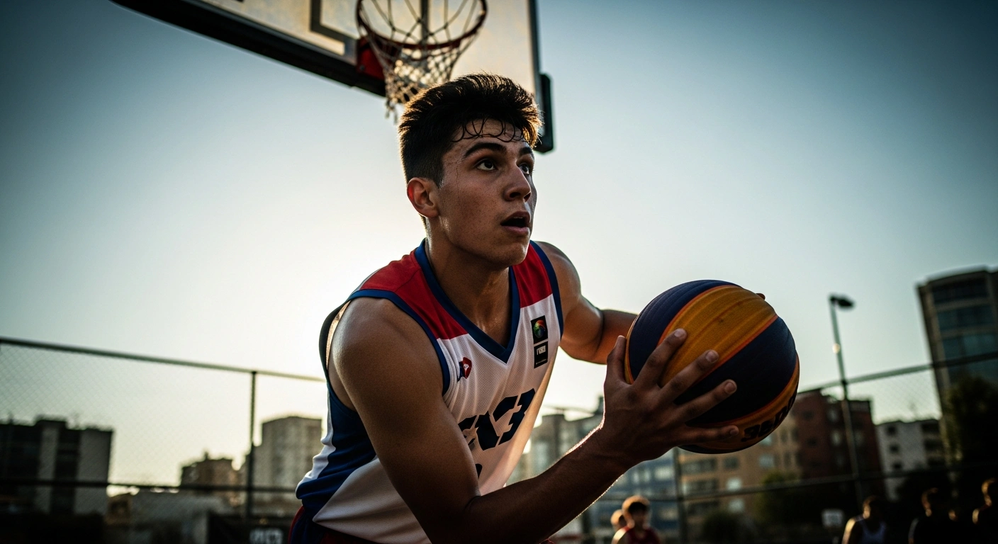 A young American basketball player drives toward the hoop during a high-intensity FIBA 3x3 Nations League game held in Chile.