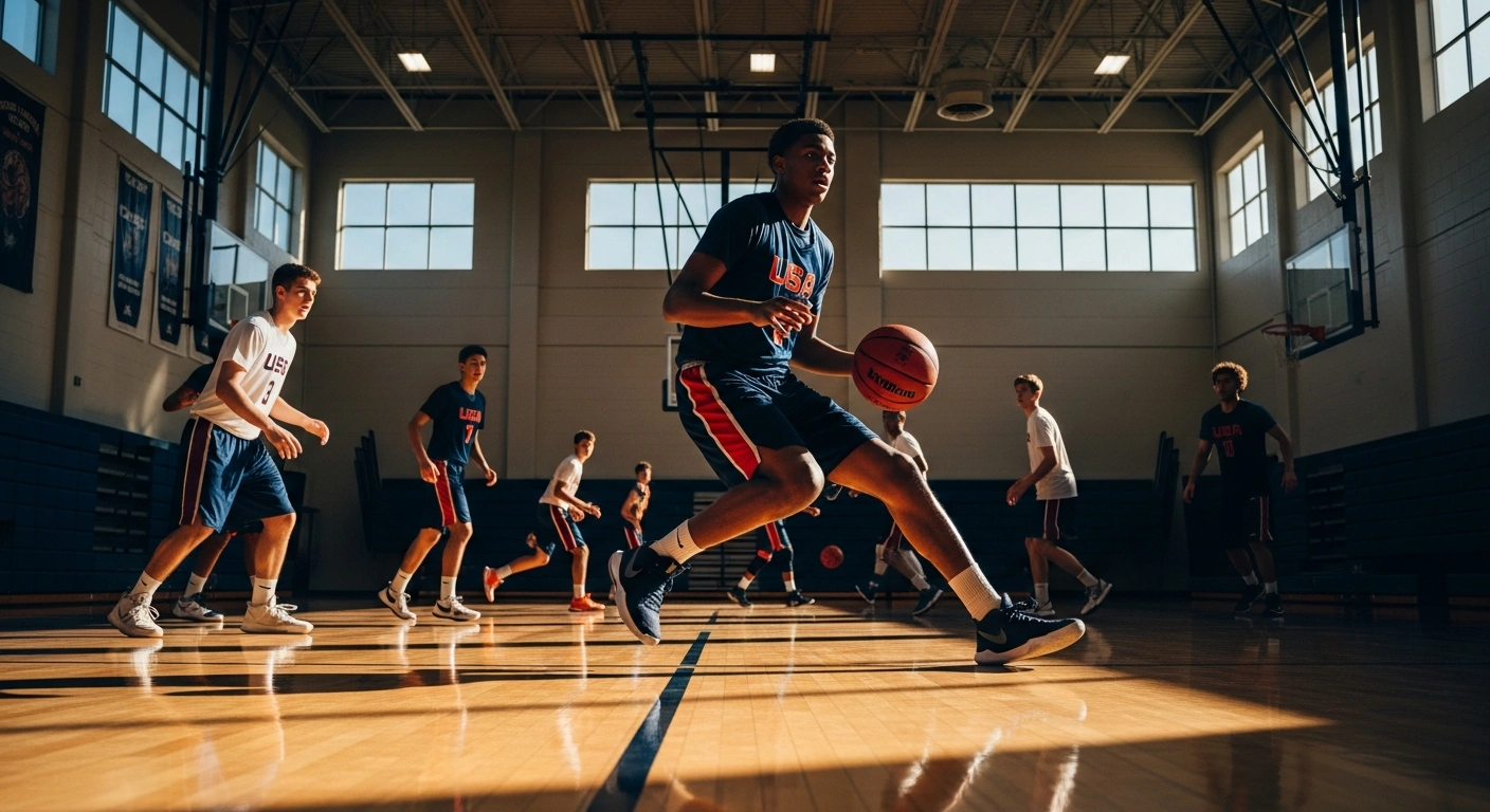 A group of elite teenage basketball players participates in a rigorous training camp to compete for a spot on the USA Men's U18 National Team.