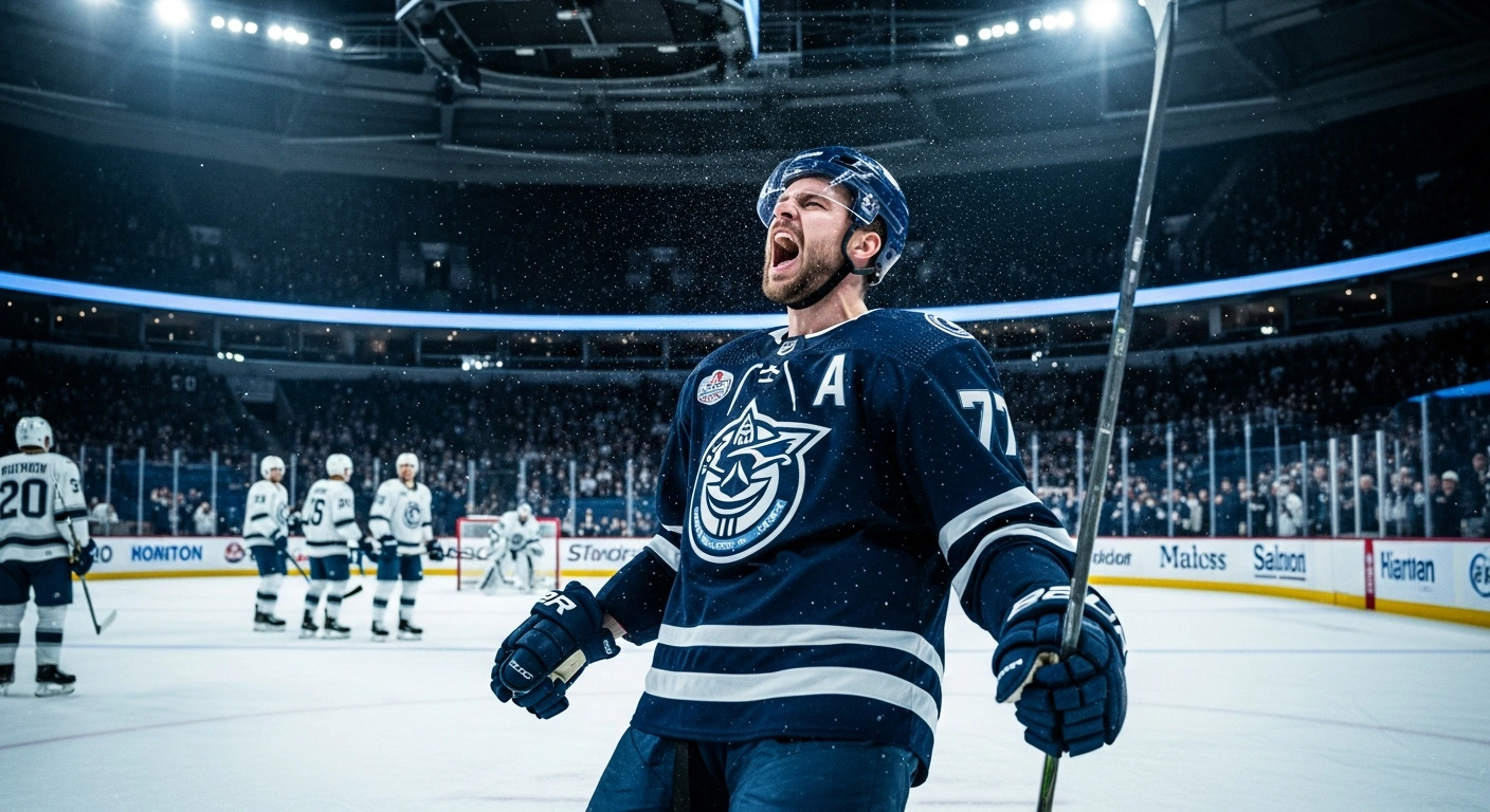 A United States men's national ice hockey player celebrates a shootout victory against Germany during the 2026 IIHF Ice Hockey World Championship.