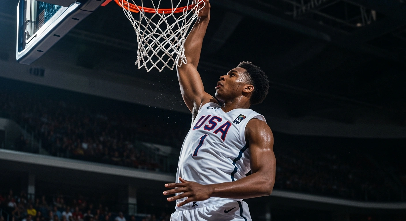 A USA basketball player performs a powerful dunk during the 2026 FIBA U18 Men's AmeriCup tournament game against Argentina.