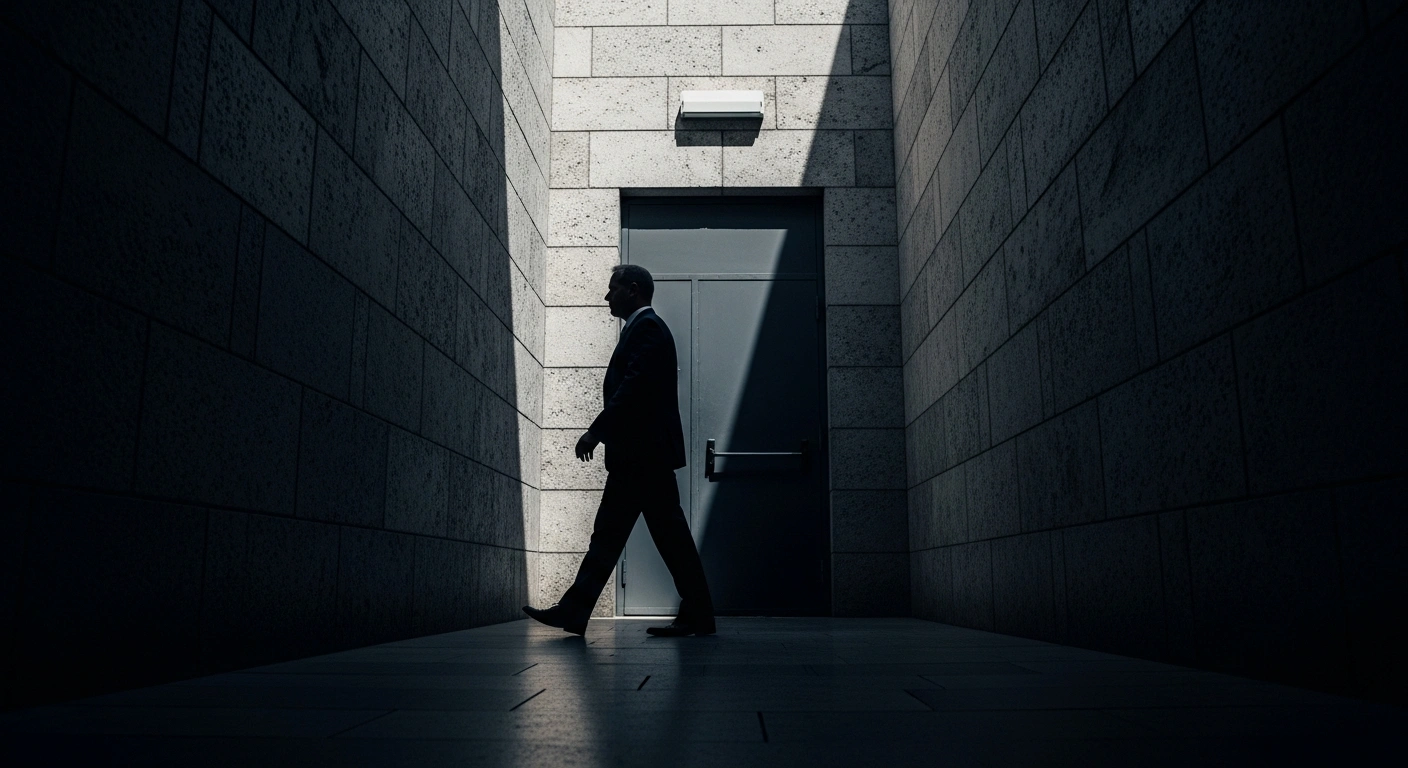 The mayor of Uşak is being led through a dark, institutional corridor as part of a bribery and corruption investigation.