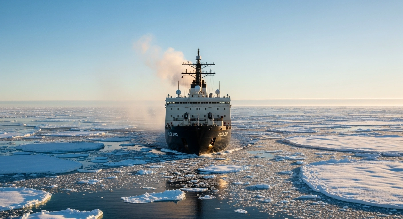 The U.S. Coast Guard heavy icebreaker USCGC Polar Star is shown powerfully cutting through ice-strewn waters under a cold, golden hour light, departing for its 29th deployment to Antarctica to support Operation Deep Freeze and resupply U.S. Antarctic research stations, including McMurdo Station.