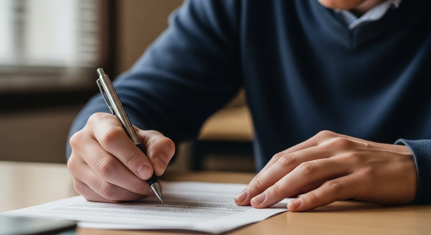 A close-up shot of a naturalization applicant's hands, holding a pen poised over a document, with a focused expression, symbolizing the more challenging USCIS civics test for naturalization.