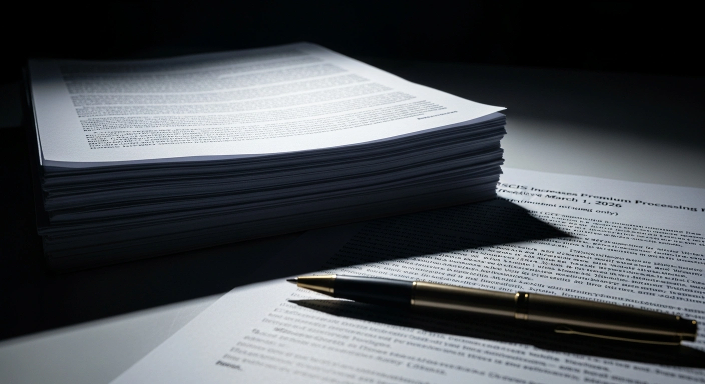 A low-angle, tightly framed shot shows a formidable stack of official government documents on a desk, with a faint glow on the top sheet and dramatic shadows, symbolizing the upcoming increase in USCIS premium processing fees for employment-based applications, effective March 1, 2026, to address inflation and fund improved services.