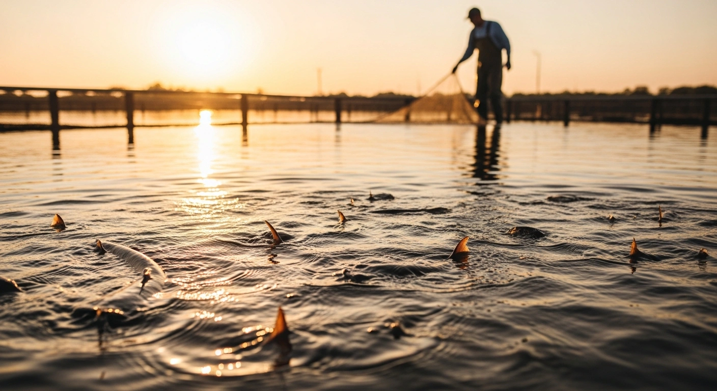 A farmer inspects a catfish pond at a domestic farm as part of a USDA initiative to support the U.S. catfish industry.