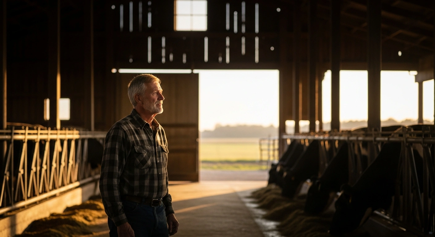 A weathered dairy farmer stands contemplatively in a sunlit barn, looking towards the horizon, symbolizing the financial protection offered by the U.S. Department of Agriculture's Dairy Margin Coverage (DMC) program against fluctuating milk and feed prices, which dairy producers are urged to enroll in by the 2026 deadline.