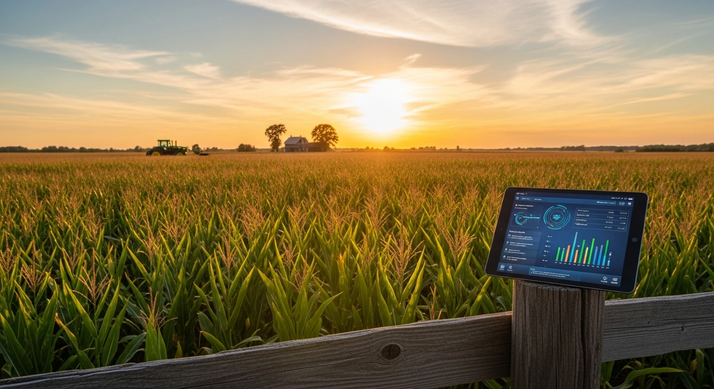 A digital tablet showing agricultural data analytics sits on a fence post in a golden cornfield, representing new USDA initiatives for farm modernization.