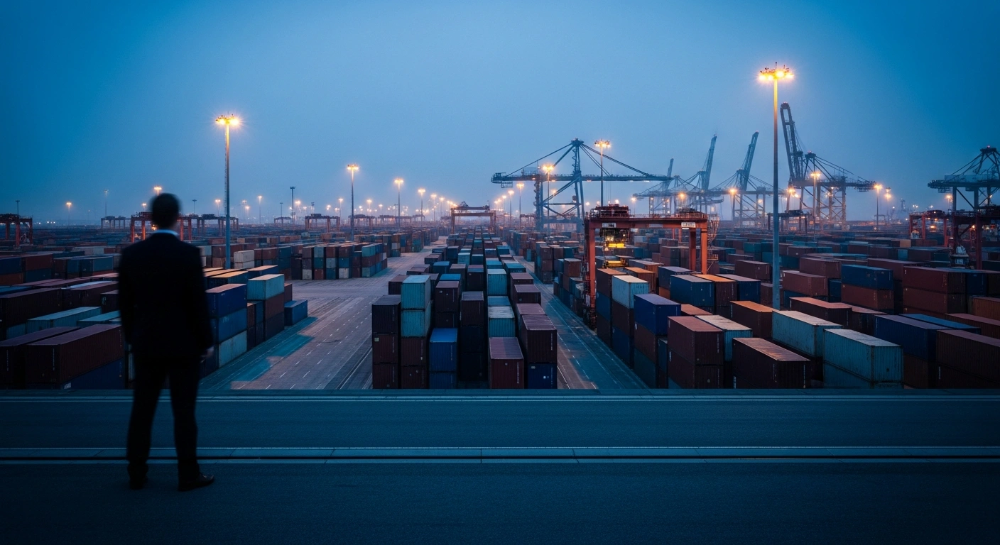 A vast shipping port at twilight represents the economic uncertainty surrounding the upcoming 2026 USMCA trade agreement review.