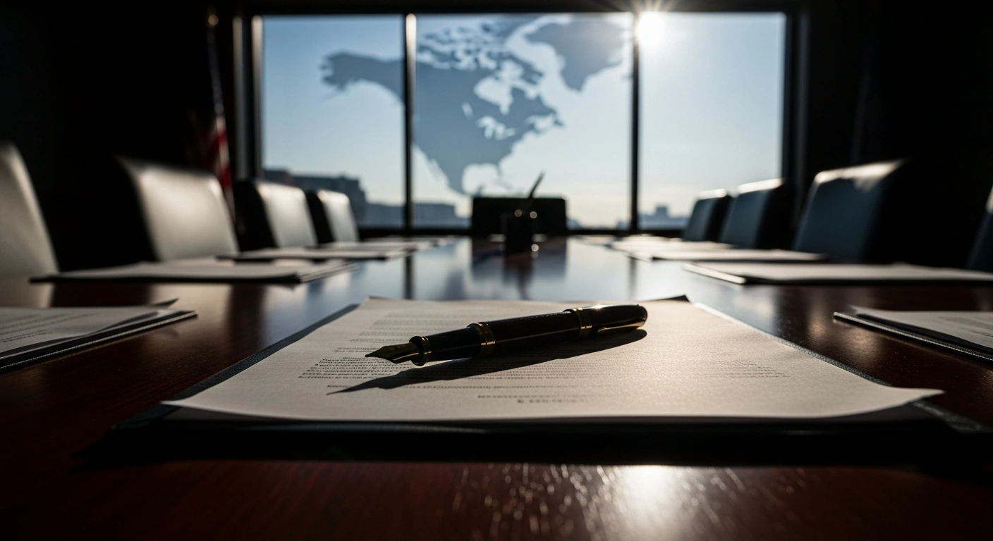 A close-up view of official trade documents resting on a desk, representing the Trump administration's decision to renegotiate the USMCA trade agreement.
