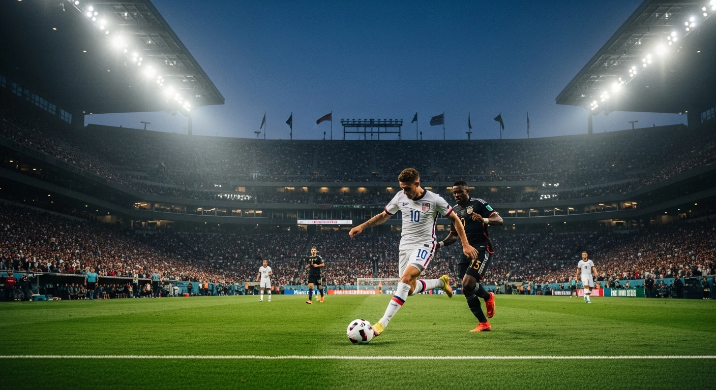 A U.S. Men's National Team player dribbles the ball against a German defender during an international friendly match at Soldier Field in Chicago.