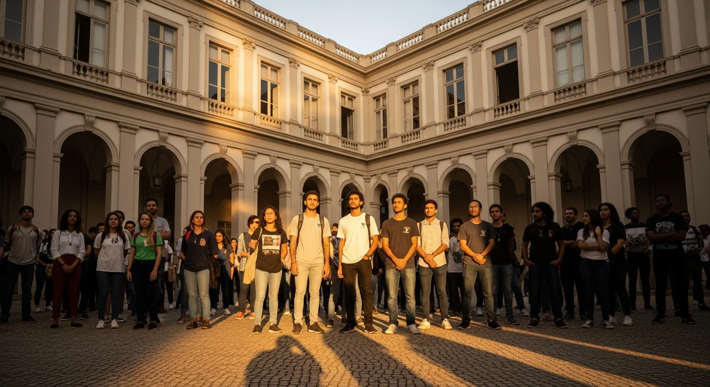 University of São Paulo students gather in a courtyard to protest for improved housing and dining services at the campus.