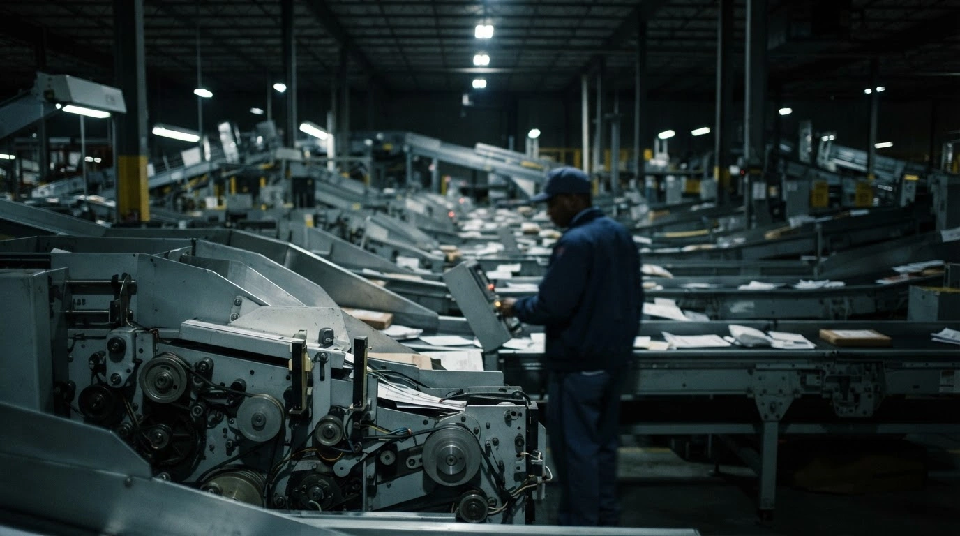 A dimly lit industrial mail sorting facility highlights the complex machinery used in the U.S. Postal Service ballot processing system.