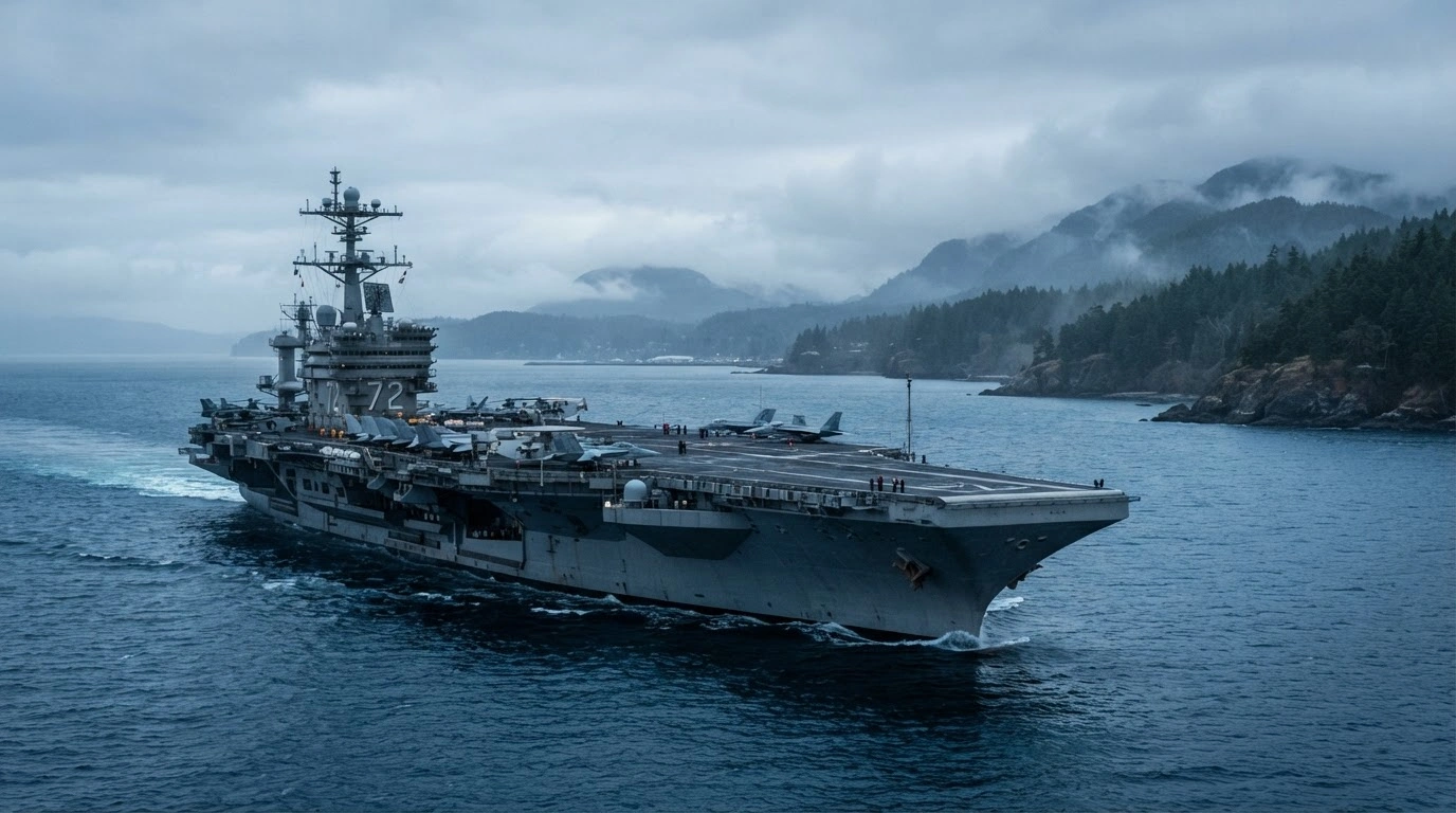 The USS Abraham Lincoln aircraft carrier sails through Pacific waters as it relocates to its new home port at Naval Base Kitsap-Bremerton in Washington.