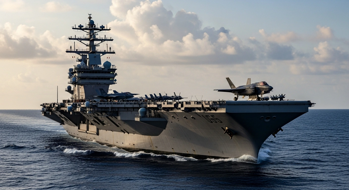The USS Gerald R. Ford, the U.S. Navy's largest aircraft carrier, is depicted at twilight on a choppy sea, with an F-35 jet positioned on its catapult, representing its deployment to the U.S. Southern Command's area of responsibility for a counternarcotics mission amidst tensions with Venezuela.