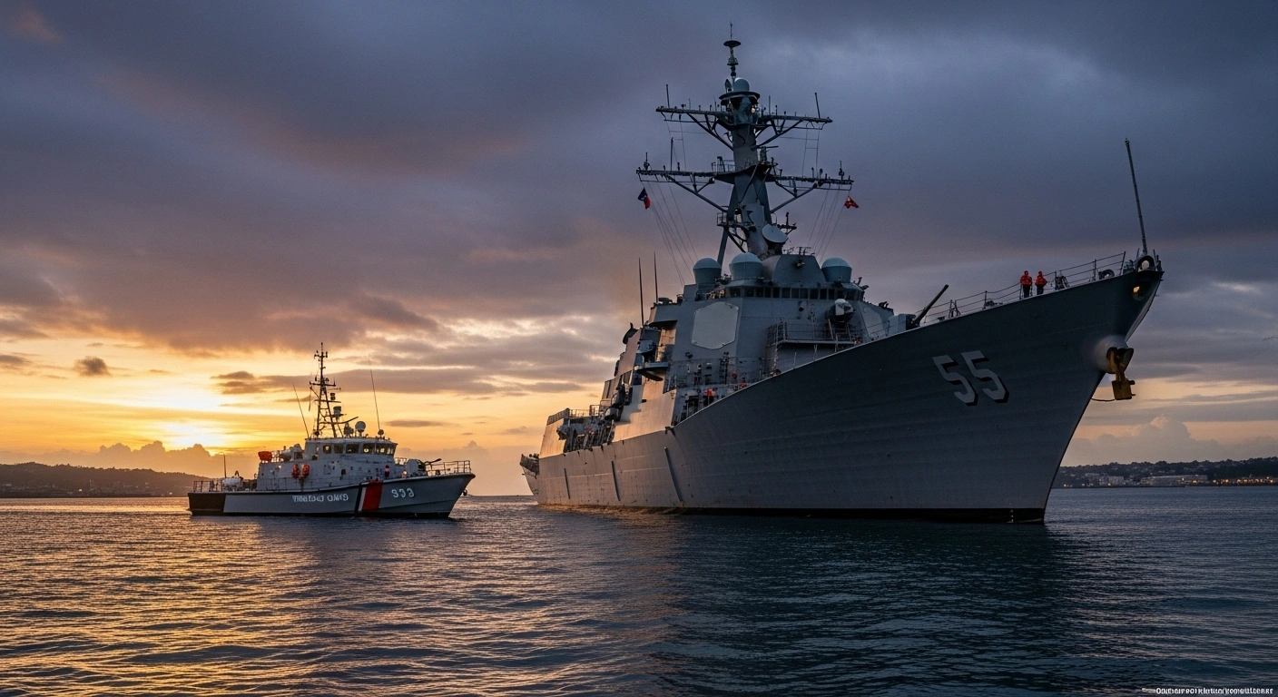 The U.S. Navy guided-missile destroyer USS Gravely is docked in Port of Spain, Trinidad and Tobago, at dusk, with a local Coast Guard vessel nearby, symbolizing joint exercises against drug-trafficking.