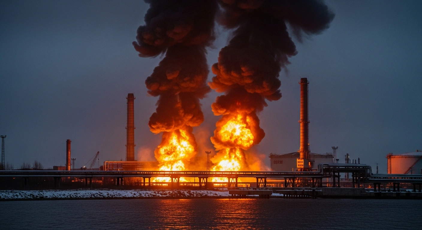 A massive fire burns at the Novatek gas condensate terminal in the port of Ust-Luga following a reported drone strike.