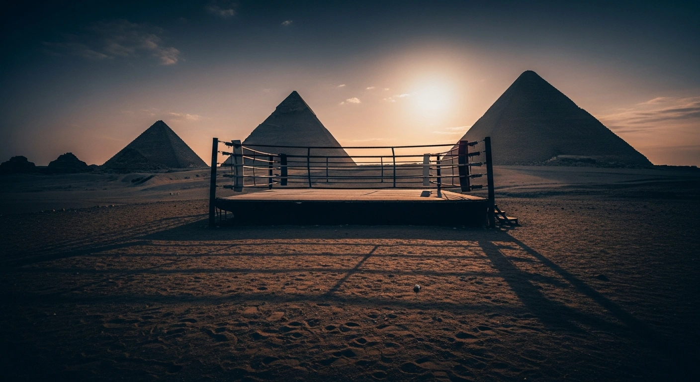 An empty boxing ring stands in front of the Pyramids of Giza at twilight, illustrating the lack of a match between Oleksandr Usyk and Rico Verhoeven.
