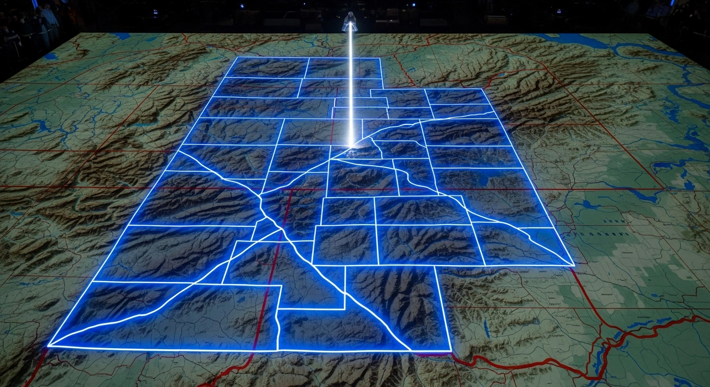 A dramatically lit, large topographical map of Utah shows new, vibrant blue congressional district lines sharply defined over faint red lines, symbolizing the federal court's decision to uphold the new map and reject a Republican attempt to block it, creating more competitive districts.
